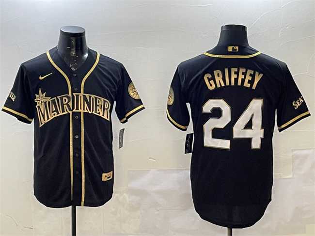 Men%27s Seattle Mariners #24 Ken Griffey Jr. Black Gold Cool Base Stitched Jersey->st.louis cardinals->MLB Jersey